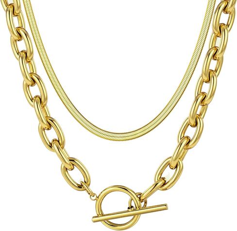 TEN MIRO 18k Chunky Gold Necklace for Women Sweatproof, Non Tarnish Chunky Cross Necklaces Thick Gold Layering Hammered Bold Necklace Stacks Toggle Necklaces for Women in Kuwait