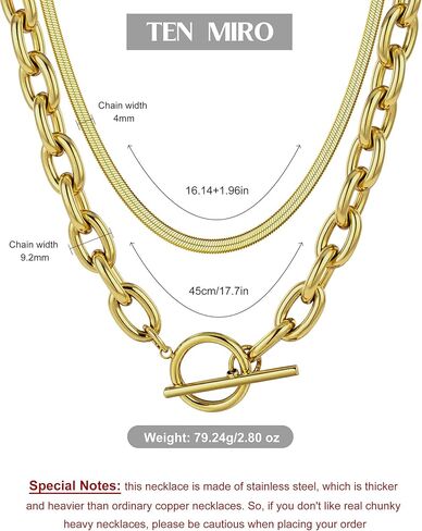 TEN MIRO 18k Chunky Gold Necklace for Women Sweatproof, Non Tarnish Chunky Cross Necklaces Thick Gold Layering Hammered Bold Necklace Stacks Toggle Necklaces for Women in Kuwait