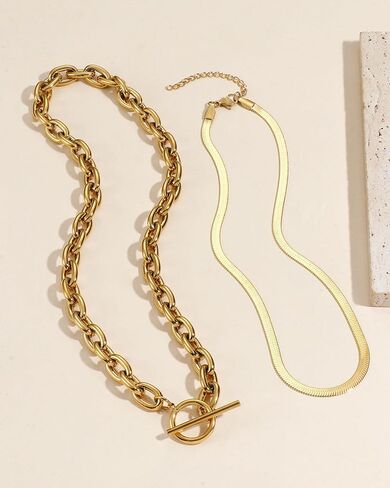 TEN MIRO 18k Chunky Gold Necklace for Women Sweatproof, Non Tarnish Chunky Cross Necklaces Thick Gold Layering Hammered Bold Necklace Stacks Toggle Necklaces for Women in Kuwait