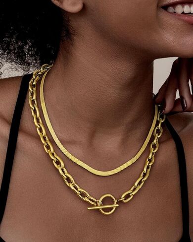 TEN MIRO 18k Chunky Gold Necklace for Women Sweatproof, Non Tarnish Chunky Cross Necklaces Thick Gold Layering Hammered Bold Necklace Stacks Toggle Necklaces for Women in Kuwait