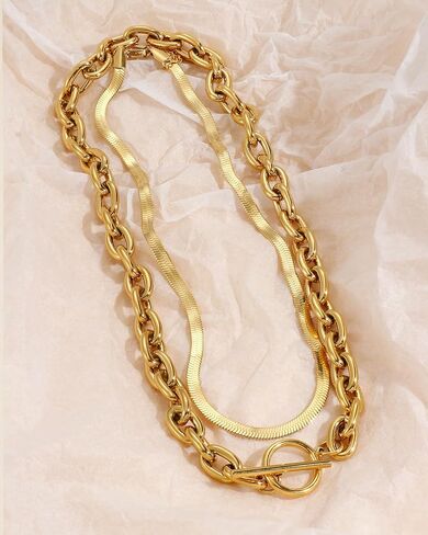 TEN MIRO 18k Chunky Gold Necklace for Women Sweatproof, Non Tarnish Chunky Cross Necklaces Thick Gold Layering Hammered Bold Necklace Stacks Toggle Necklaces for Women in Kuwait