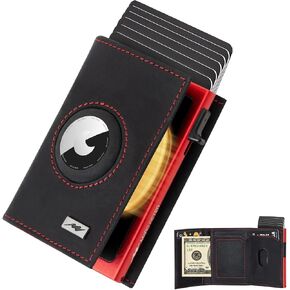 Marc Peter AirTag Wallet - Full Grain Leather, Mens Minimalist Wallet with Apple Air Tag Holder, Slim Smart Pop up Card Case, ID Window, RFID Blocking Wallet for Men and Woman Black/Orange in Saudi Arabia