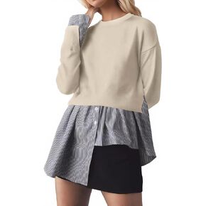 Meladyan المرأة المرقعة البلوز العصرية 2 في 1 البلوز الأعلى فضفاضة تناسب Crewneck غير متماثلة هيم زر أسفل قميص in Kuwait