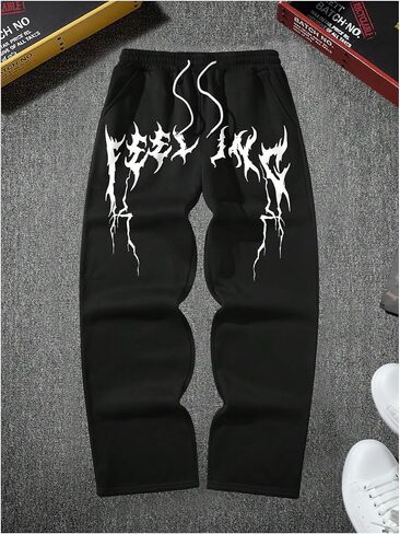 Gorglitter Men Graphic Presents Coded Pants Fled Wide Leg Y2K Draphring Baggy Gogger Pants مع جيوب أسود A XX-Large in Saudi Arabia