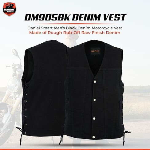 Daniel Smart Biker Vest for Men Motorcycle Blue & Black Denim Vest with Side Laces and Inside Carry Pocket in Kuwait