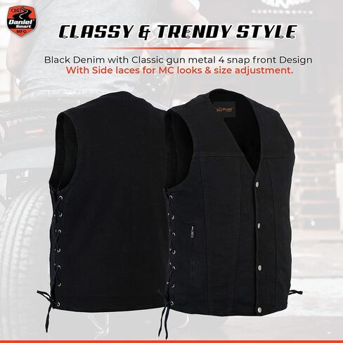 Daniel Smart Biker Vest for Men Motorcycle Blue & Black Denim Vest with Side Laces and Inside Carry Pocket in Kuwait