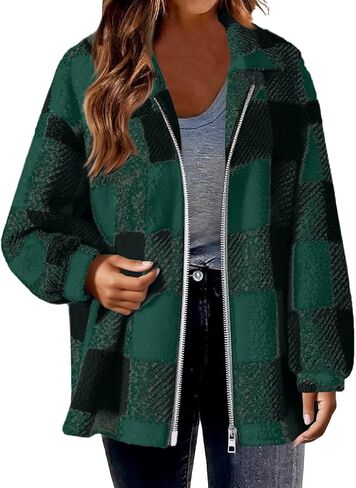 Womens Fleece Zip Up Jacket Trendy Long Sleeve Plaid Sherpa Shacket Plus Size Lightweight Warm Fuzzy Fall Coats in Saudi Arabia
