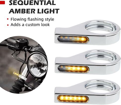 شوكة أمامية للدراجة النارية LED إشارات الانعطاف ومضات كهرمانية متتابعة 41 مم فتحات تركيب مؤشرات أضواء تشغيل عالمية من الكروم (أبيض وعنبر) in Saudi Arabia