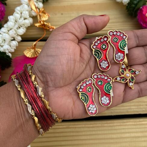 LOVENSPIRE Metallic Lakshmi Charan Paduka 2 Pairs Feet with 1 Swastik Laxmi Padhuka Good Luck Footsteps Shubh Labh Rangoli Sticker for Door Entrance Home Temple Diwali Decoration Vara Lakshmi Pagla in Saudi Arabia