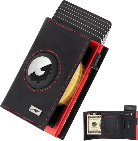 Marc Peter AirTag Wallet - Full Grain Leather, Mens Minimalist Wallet with Apple Air Tag Holder, Slim Smart Pop up Card Case, ID Window, RFID Blocking Wallet for Men and Woman Black/Orange in Saudi Arabia