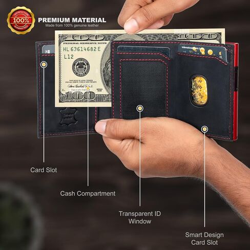 Marc Peter AirTag Wallet - Full Grain Leather, Mens Minimalist Wallet with Apple Air Tag Holder, Slim Smart Pop up Card Case, ID Window, RFID Blocking Wallet for Men and Woman Black/Orange in Saudi Arabia