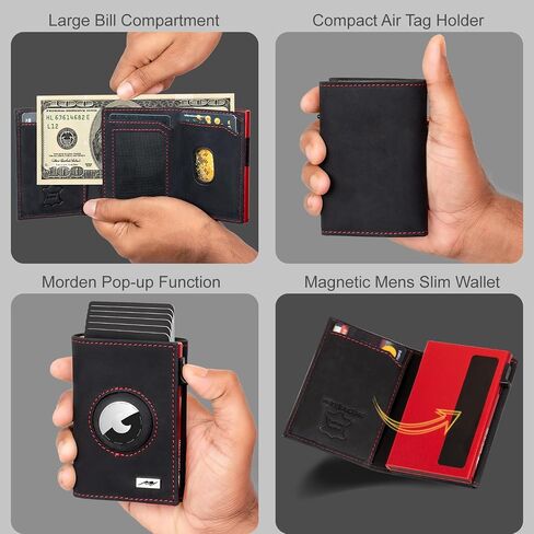 Marc Peter AirTag Wallet - Full Grain Leather, Mens Minimalist Wallet with Apple Air Tag Holder, Slim Smart Pop up Card Case, ID Window, RFID Blocking Wallet for Men and Woman Black/Orange in Saudi Arabia
