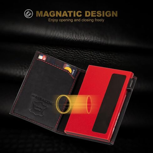 Marc Peter AirTag Wallet - Full Grain Leather, Mens Minimalist Wallet with Apple Air Tag Holder, Slim Smart Pop up Card Case, ID Window, RFID Blocking Wallet for Men and Woman Black/Orange in Saudi Arabia