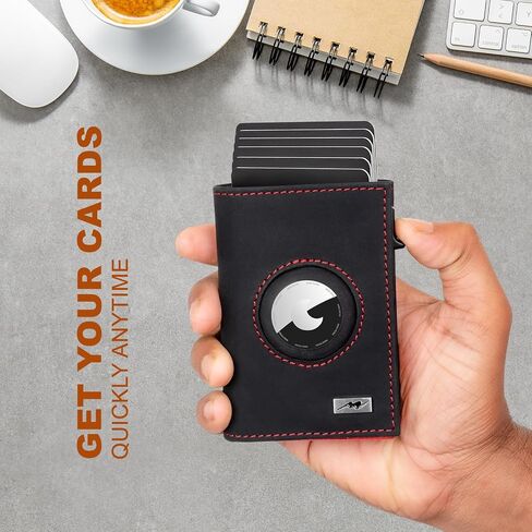 Marc Peter AirTag Wallet - Full Grain Leather, Mens Minimalist Wallet with Apple Air Tag Holder, Slim Smart Pop up Card Case, ID Window, RFID Blocking Wallet for Men and Woman Black/Orange in Saudi Arabia