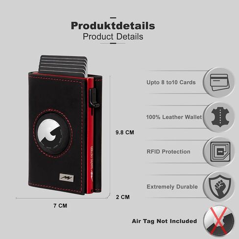 Marc Peter AirTag Wallet - Full Grain Leather, Mens Minimalist Wallet with Apple Air Tag Holder, Slim Smart Pop up Card Case, ID Window, RFID Blocking Wallet for Men and Woman Black/Orange in Saudi Arabia