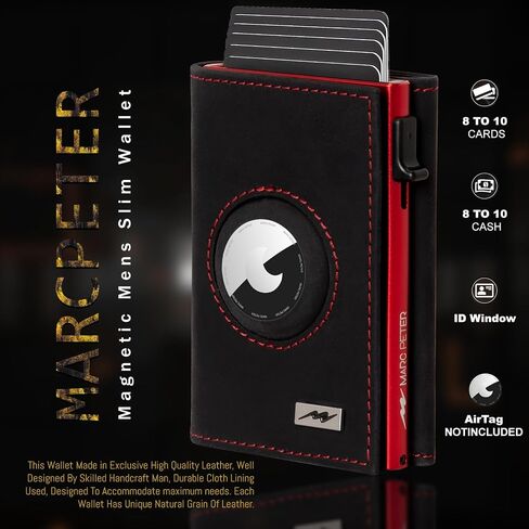 Marc Peter AirTag Wallet - Full Grain Leather, Mens Minimalist Wallet with Apple Air Tag Holder, Slim Smart Pop up Card Case, ID Window, RFID Blocking Wallet for Men and Woman Black/Orange in Saudi Arabia