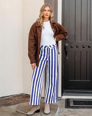 GRAPENT Women Jeans Striped Wide Leg High Waisted Trendy Stretchy Denim Pants Cute Casual Trouser Jeans with Pockets in Saudi Arabia