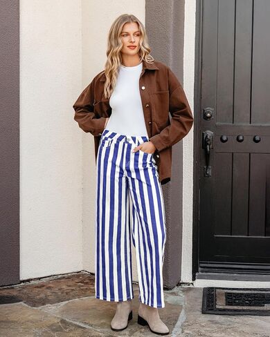 GRAPENT Women Jeans Striped Wide Leg High Waisted Trendy Stretchy Denim Pants Cute Casual Trouser Jeans with Pockets in Saudi Arabia