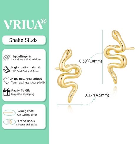 أقراط ثعبان للنساء من VRIUA - أقراط ثعبان مطلية بالذهب عيار 14 قيراط، حلق على شكل ثعبان لا يسبب الحساسية، مجوهرات عصرية يومية in Kuwait