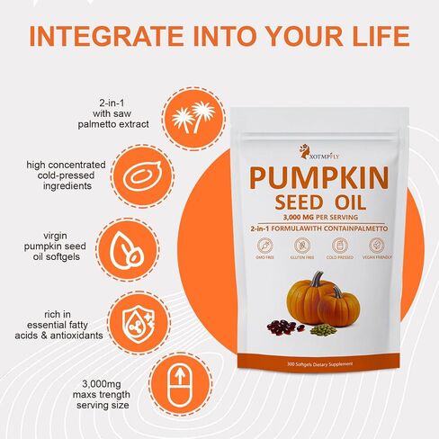 Premium Pumpkin Seed Oil with Saw Palmetto 3000mg Soft Capsule | Cold Pressed Virgin, Pure Virgin Oil | Supports Hair, Urinary, Bladder & Prostate Health - 300 Count in Saudi Arabia