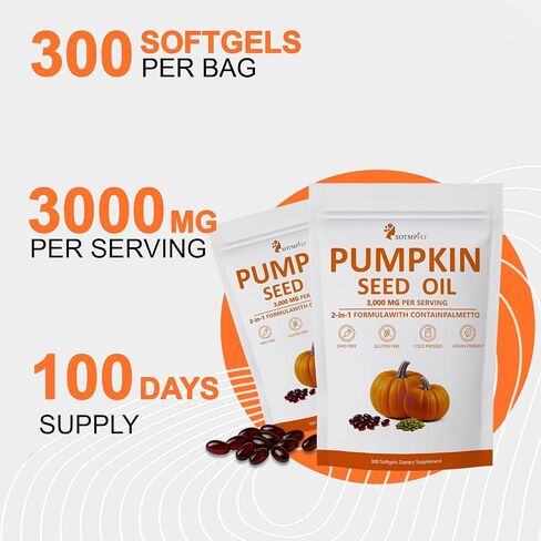 Premium Pumpkin Seed Oil with Saw Palmetto 3000mg Soft Capsule | Cold Pressed Virgin, Pure Virgin Oil | Supports Hair, Urinary, Bladder & Prostate Health - 300 Count in Saudi Arabia