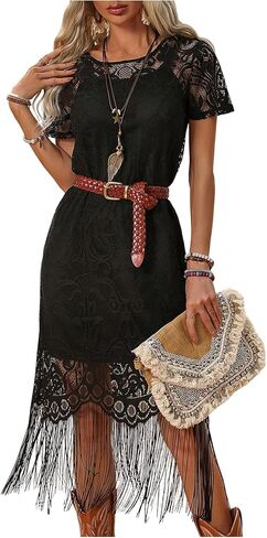 WDIRARA Women's Western Concert 2 Piece Outfits Short Sleeve Sheer Fringe Dress and Cami Dress Set in Saudi Arabia