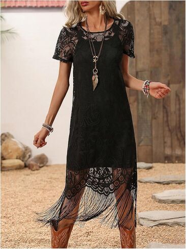 WDIRARA Women's Western Concert 2 Piece Outfits Short Sleeve Sheer Fringe Dress and Cami Dress Set in Saudi Arabia