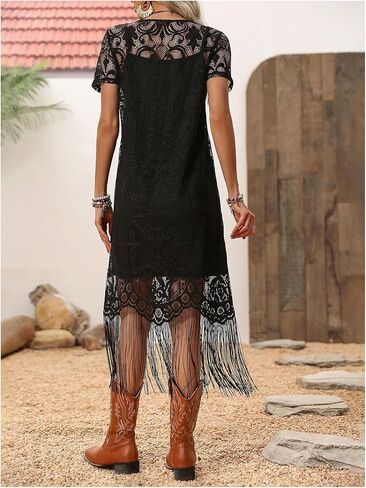 WDIRARA Women's Western Concert 2 Piece Outfits Short Sleeve Sheer Fringe Dress and Cami Dress Set in Saudi Arabia