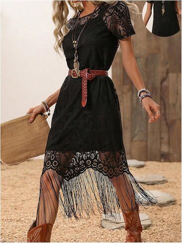 WDIRARA Women's Western Concert 2 Piece Outfits Short Sleeve Sheer Fringe Dress and Cami Dress Set in Saudi Arabia