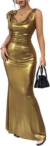 SHENHE Women's Sexy Open Back Shiny Metallic Maxi Dress Cowl Neck Bow Bodycon Cocktail Party Dress in Saudi Arabia