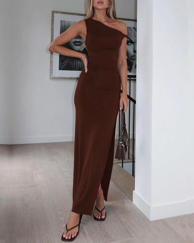 Women's One Shoulder Dresses Fall Cocktail Twist Strap Side Slit Bodycon Elegant Wedding Guest Prom Party Maxi Dress in Kuwait