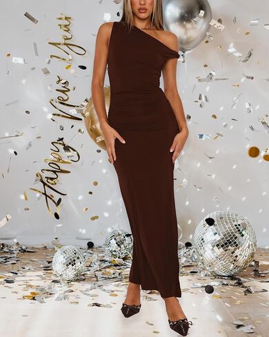 Women's One Shoulder Dresses Fall Cocktail Twist Strap Side Slit Bodycon Elegant Wedding Guest Prom Party Maxi Dress in Kuwait