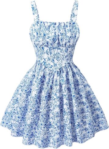 SHENHE Girl's Floral Print Sleeveless Summer Dress Ruched A Line Flowy Boho Sundress in Saudi Arabia