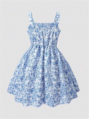 SHENHE Girl's Floral Print Sleeveless Summer Dress Ruched A Line Flowy Boho Sundress in Saudi Arabia