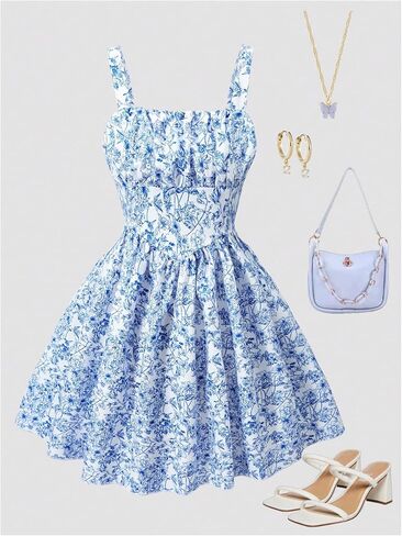 SHENHE Girl's Floral Print Sleeveless Summer Dress Ruched A Line Flowy Boho Sundress in Saudi Arabia