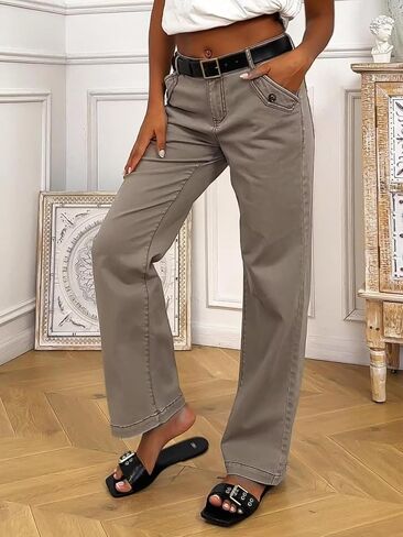 Flamingals Straight Leg Mid Waist Solid Casual Pants for Women Without Belt in Saudi Arabia