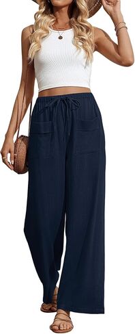 Bsubseach Wide Leg Pants Woman Cotton Linen Palazzo Pants for Women Flowy Beach Summer Casual Trousers with Pockets in Saudi Arabia