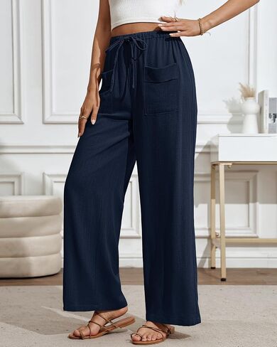 Bsubseach Wide Leg Pants Woman Cotton Linen Palazzo Pants for Women Flowy Beach Summer Casual Trousers with Pockets in Saudi Arabia