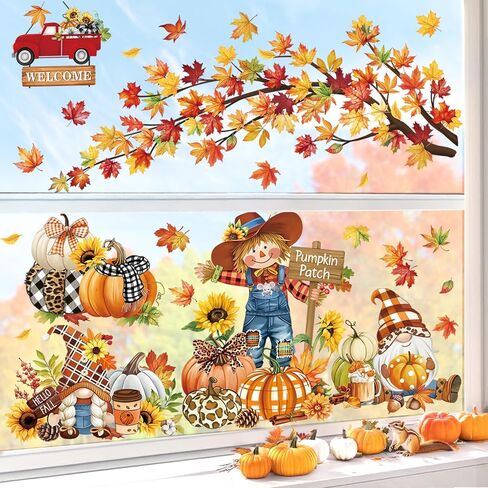 ديكالميل الخريف اليقطين أوراق القيقب نافذة مزدوجة الجوانب يتمسك الخريف الحصاد الكلب القط فزاعة الطيور على فرع شجرة المضادة للتصادم أبواب زجاجية نافذة ملصقات الشارات in Kuwait