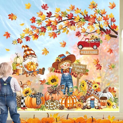 ديكالميل الخريف اليقطين أوراق القيقب نافذة مزدوجة الجوانب يتمسك الخريف الحصاد الكلب القط فزاعة الطيور على فرع شجرة المضادة للتصادم أبواب زجاجية نافذة ملصقات الشارات in Kuwait