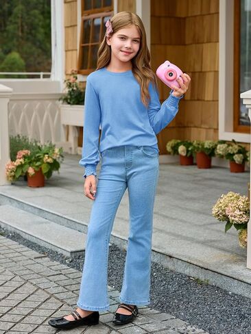 Haloumoning Girls Long Sleeve T Shirts Kids Fall Crewneck Tops Casual Smocked Cuffs Tees 5-14 Years in Saudi Arabia