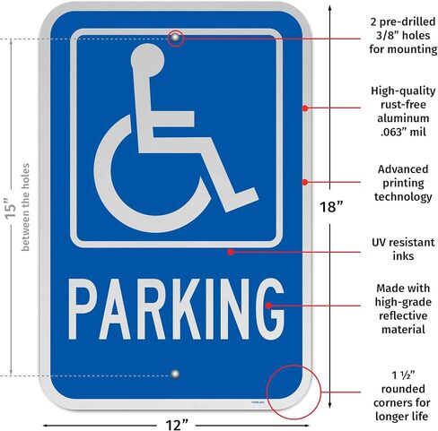 Brimar - 12" x 18" - Accessible Parking Sign - .063″ Engineering Grade Reflective Aluminum - Bold Text and Symbol - Easy Installation in Kuwait