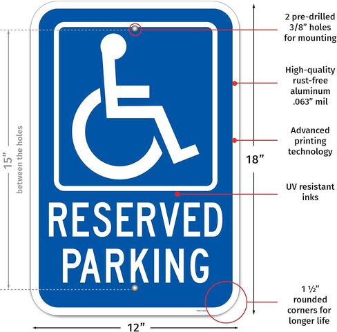 Brimar - 12" x 18" - Accessible Parking Sign - .063″ Engineering Grade Reflective Aluminum - Bold Text and Symbol - Easy Installation in Kuwait