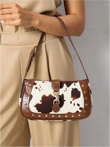 QWINEE Y2k Western Cowgirl Shoulder Bag Rivet Animal Print Hobo Bag Zipper Faux Pu Leather Clutch Purse Vintage Handbag in Saudi Arabia