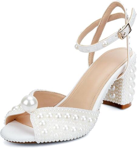Goolita Pearl Heels For Women Mid Block Ankle Strap Heeled Sandals Round Open Toe Party Evening Bridal Shoes For Wedding in Saudi Arabia