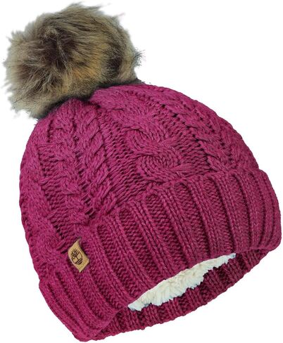 Timberland Women’s Cable Knit Faux Fur Pom Beanie - Soft Winter Hat, Ribbed Cuff, Warm Lining, Stylish Cozy Cold Weather Wear in Saudi Arabia
