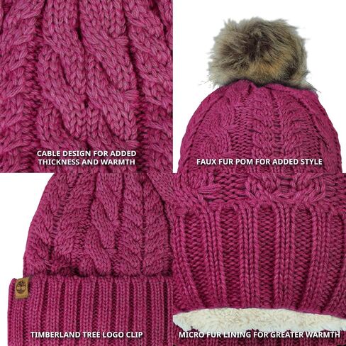 Timberland Women’s Cable Knit Faux Fur Pom Beanie - Soft Winter Hat, Ribbed Cuff, Warm Lining, Stylish Cozy Cold Weather Wear in Saudi Arabia