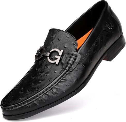 Black Luxury Men's Leather Dress Shoes, Fashion Classic Ostrich Printed Business Shoes Casual Buckle Party Wedding Penny Loafer Shoes for Men in Saudi Arabia