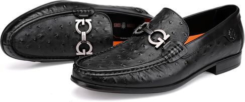 Black Luxury Men's Leather Dress Shoes, Fashion Classic Ostrich Printed Business Shoes Casual Buckle Party Wedding Penny Loafer Shoes for Men in Saudi Arabia