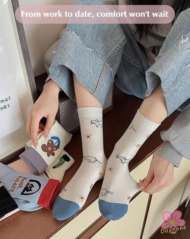 Daphene Womens Cute Socks All Season | Premium Combed Cotton Breathable Soft | Cartoon Animal Patterns | Cozy Holiday Gifts in Saudi Arabia